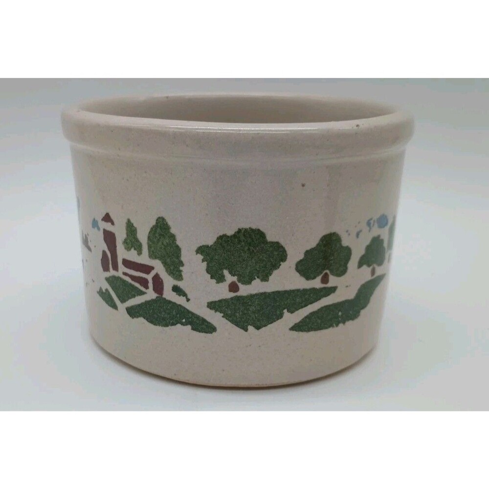 RRP/Robinson Ransbottom Pottery Co. 1 Pint Low Crock Barn Farm Scene Silo